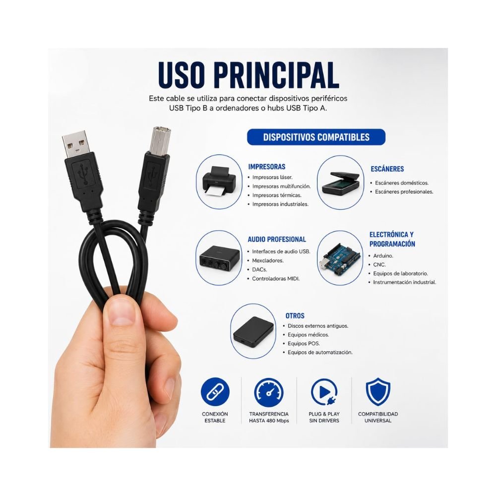Cable USB Tipo A a Tipo B para Impresora